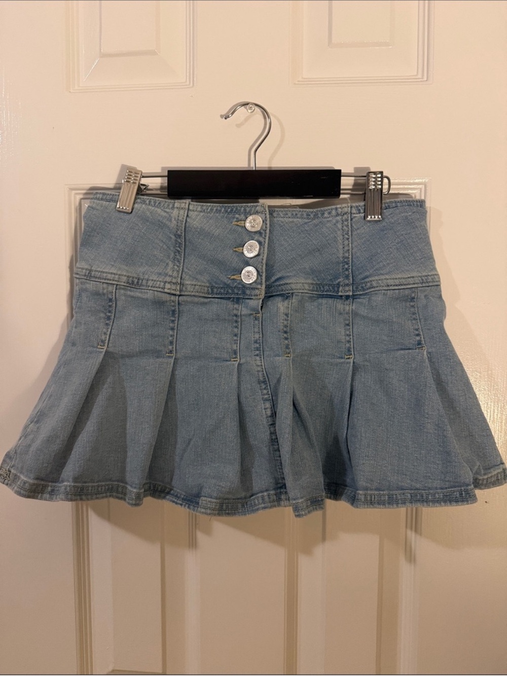 Light Wash Denim Pleated Skater Skirt
